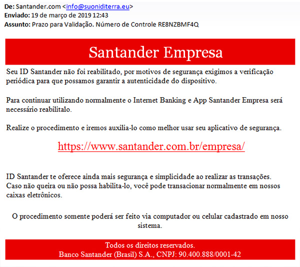 Alerta phishing Santander 26 março 2019