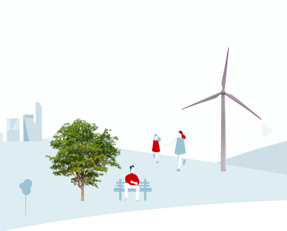 imagem com árvores e pessoas e ventoinhas de energia éolica