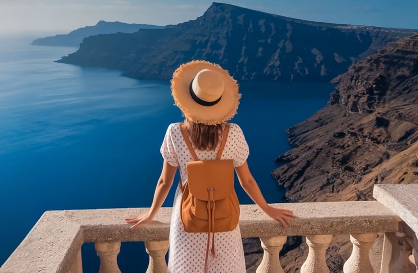 Mulher de costas contempla paisagem de mar e montanha