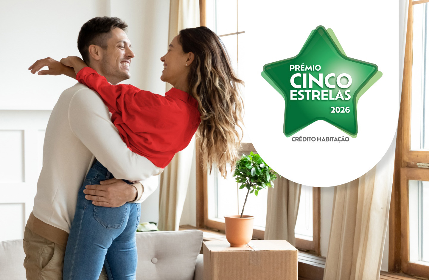casal feliz abraçado e selo do prémio 5 estrelas