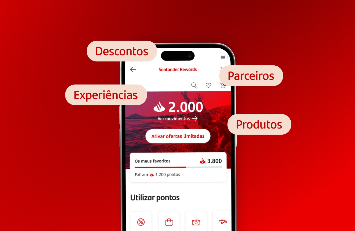 ecrã de app alusivo a Programa de pontos Santander Rewards