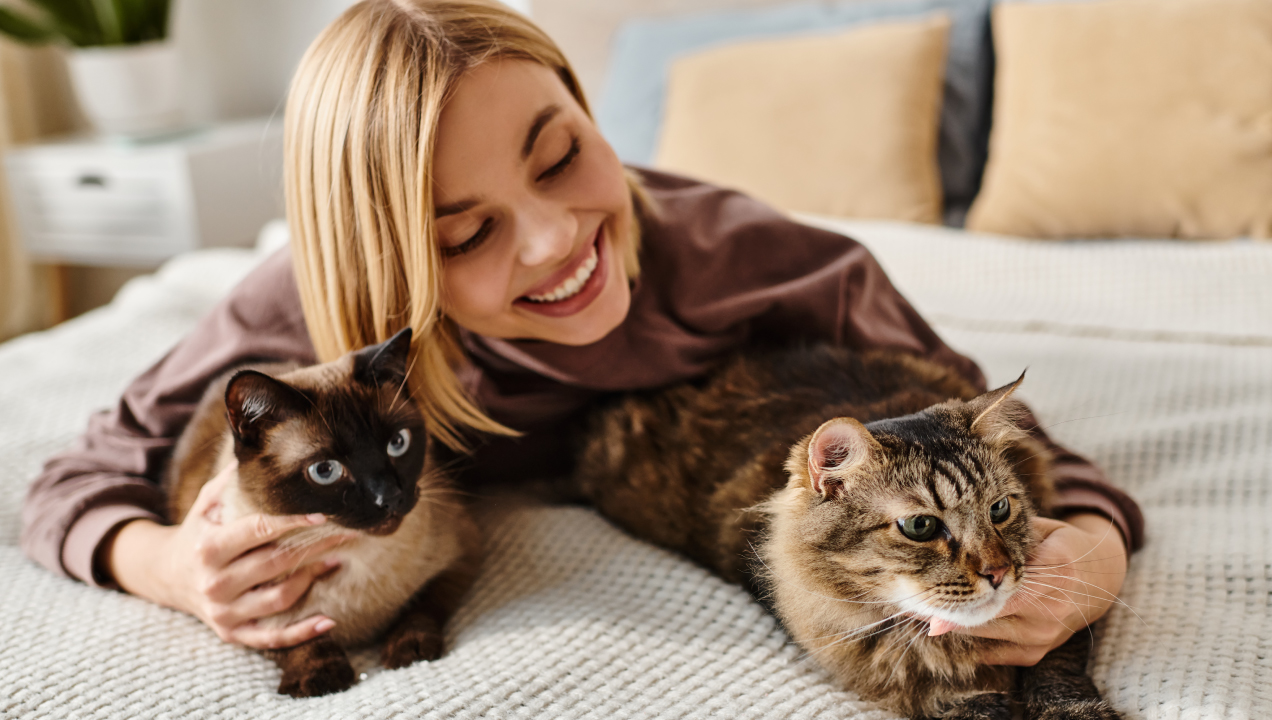 Senhora deitada na cama feliz e agarrada a dois gatos