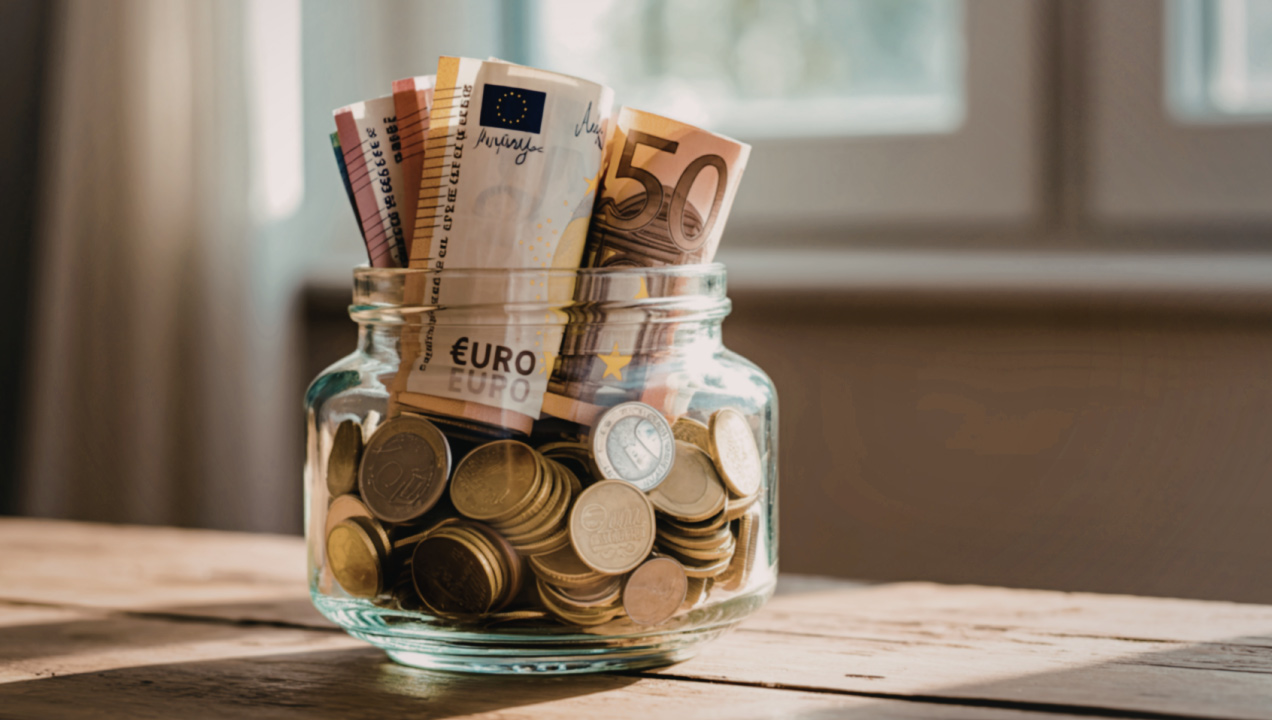 Pote de vidro aberto e cheio de moedas e notas de 10 e 50 euros