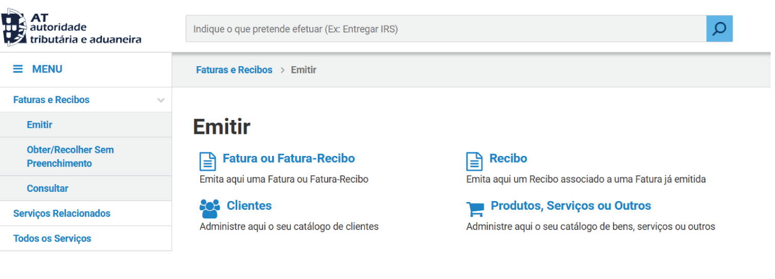 Print de passo 1 para emitir a fatura do recibo verde