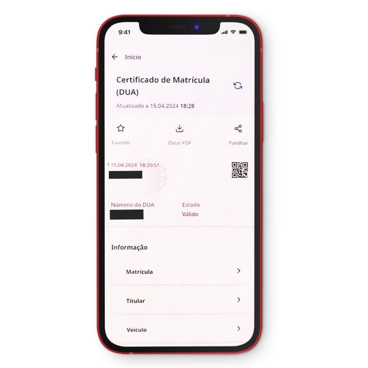 Consulta de certificado de matrícula no telemóvel onde se encontra o DUA