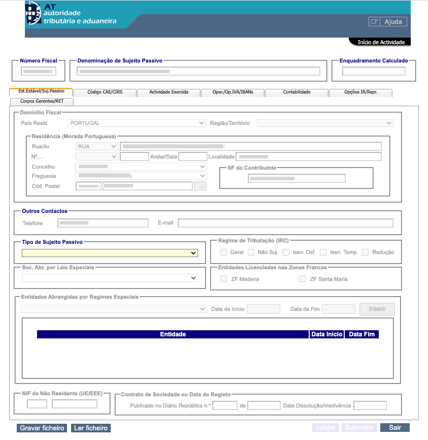 Declaração de início de atividade