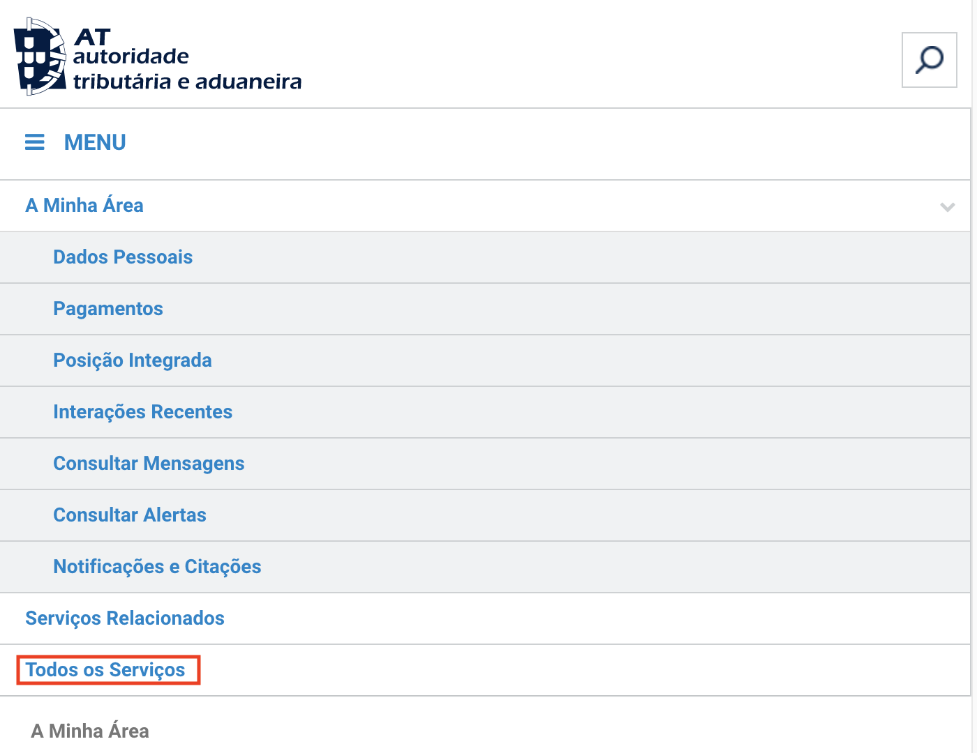 Menu site AT e entrada Todos os serviços
