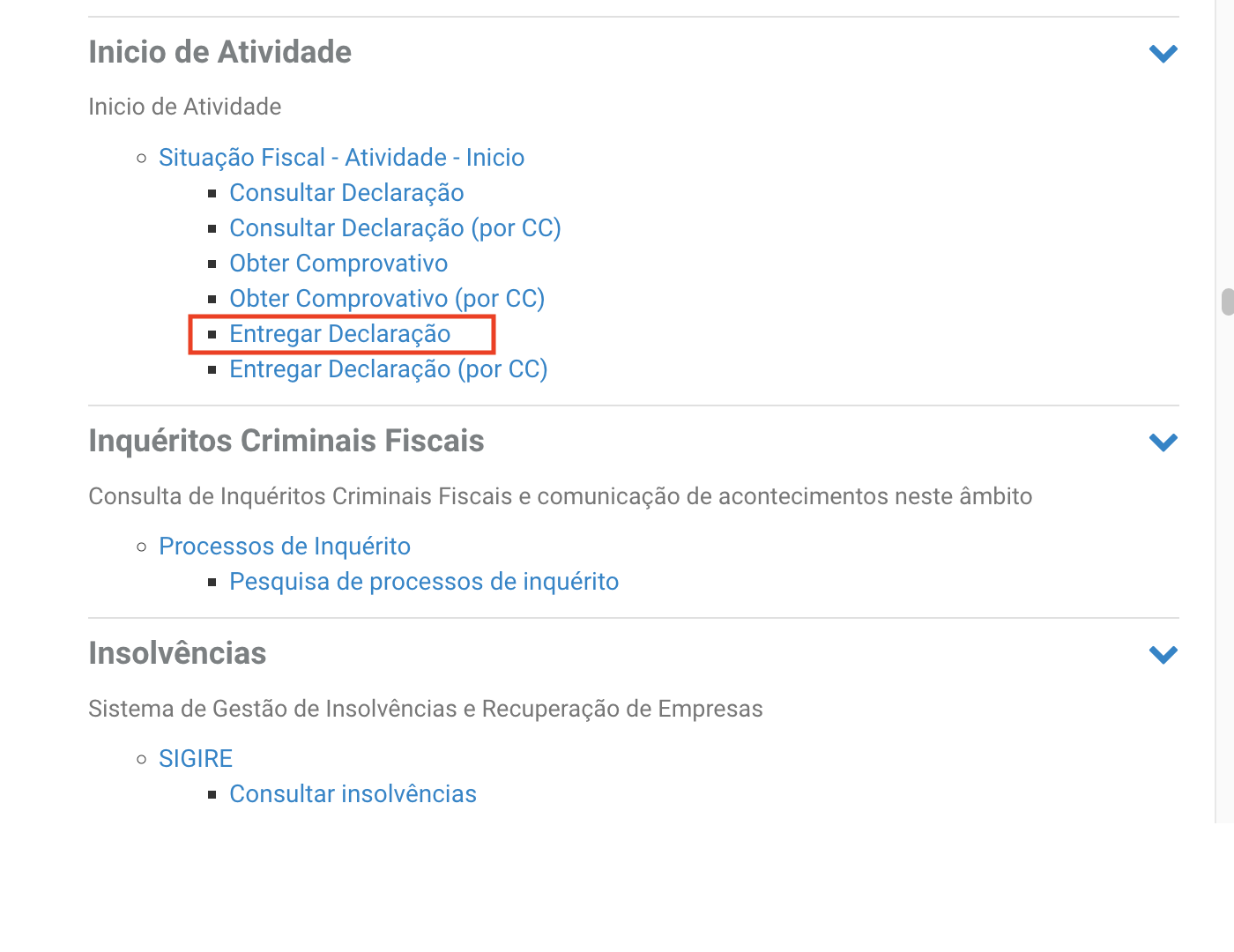 Opção de entregar declaração no website da AT