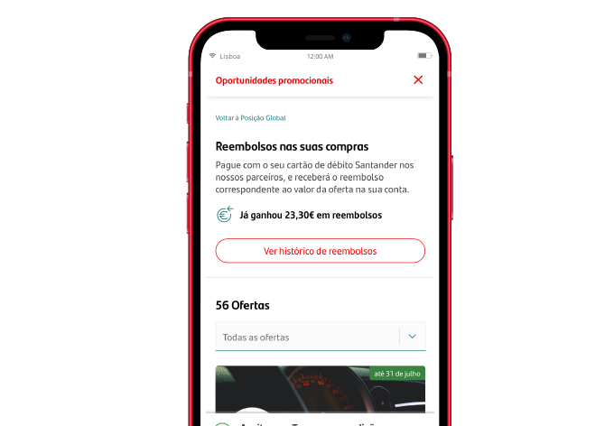 ecrã app Santander na área oportunidades promocionais