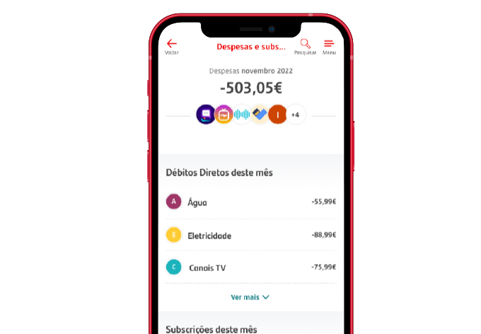 ecrã app Santander com débitos diretos do mês