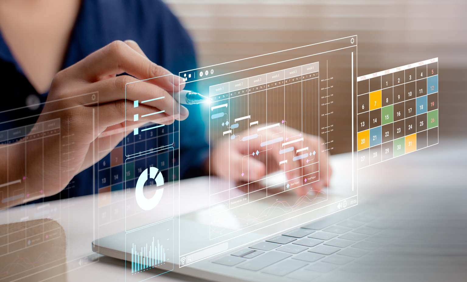 ilustração futurista com ecrãs e calendário projetados