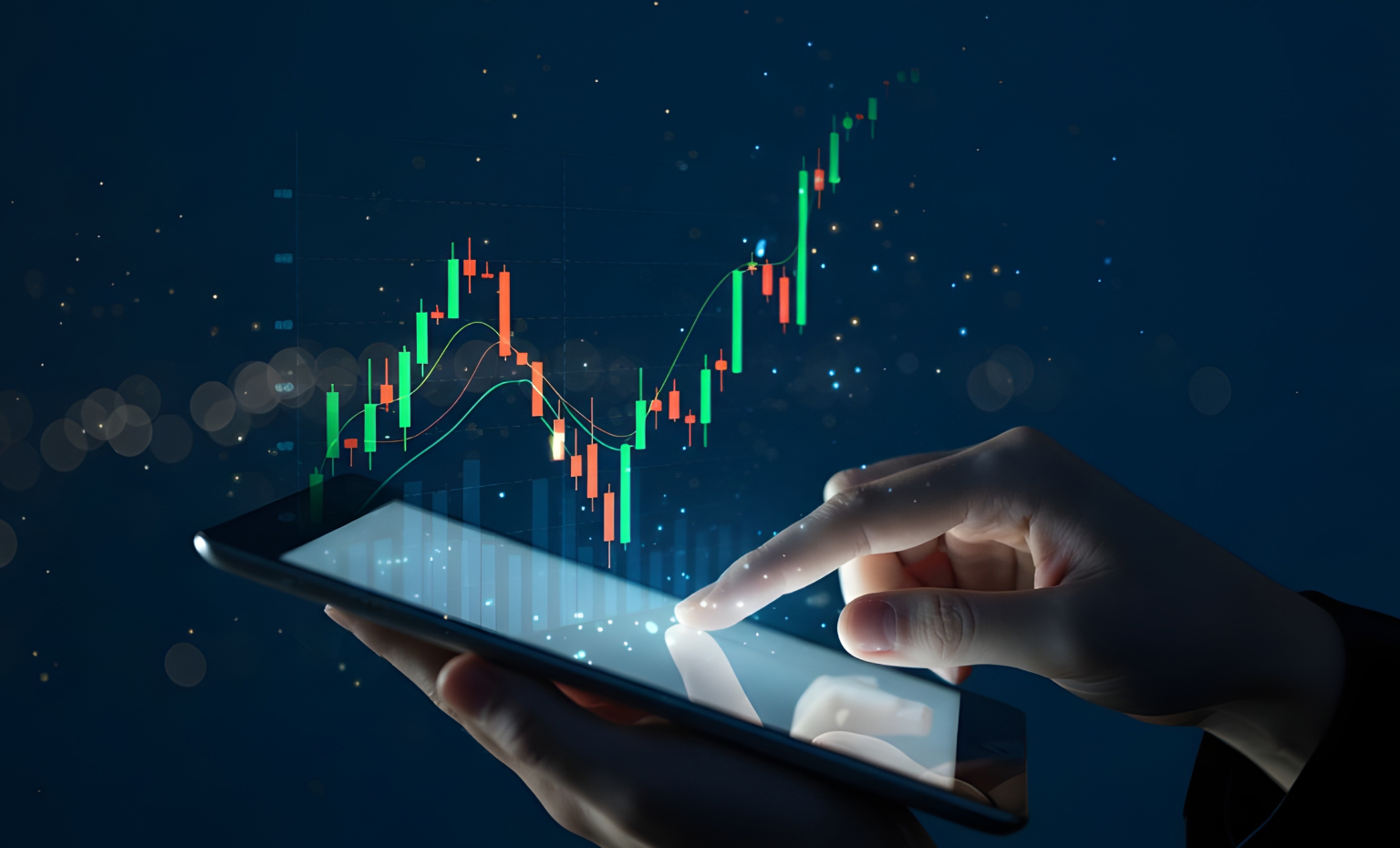 ilustração com gráfico de velas e alguém a usar um tablet